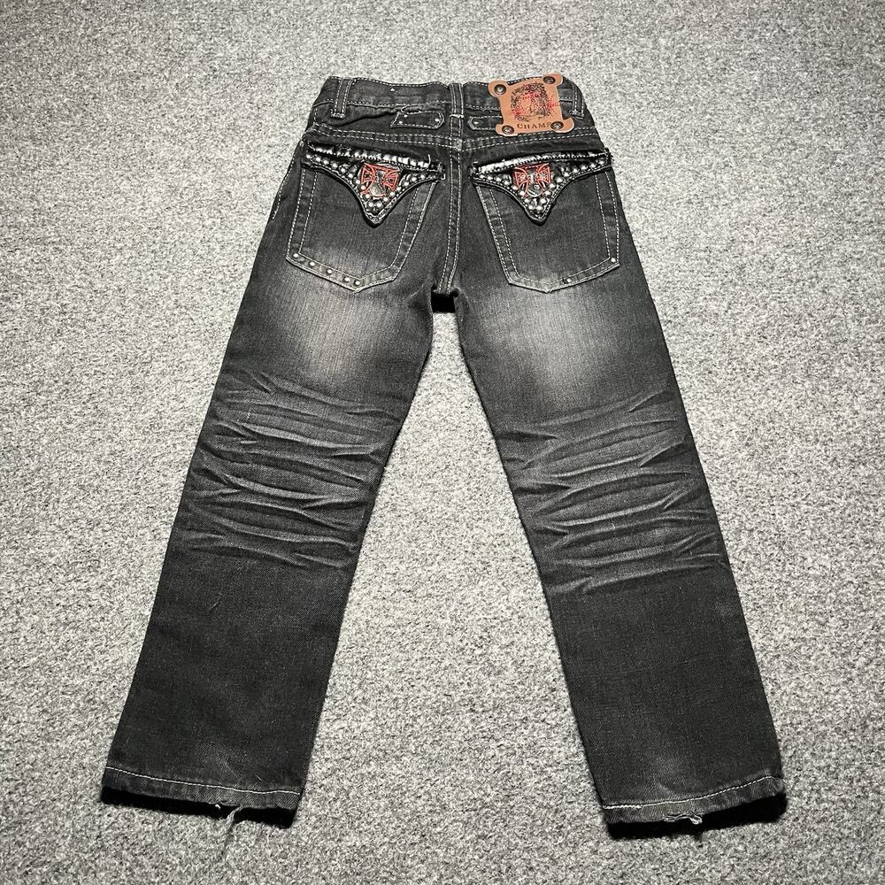 Chams Jeans Boys 4 Black Embroidered Cross Pockets Denim Grunge Whiskered